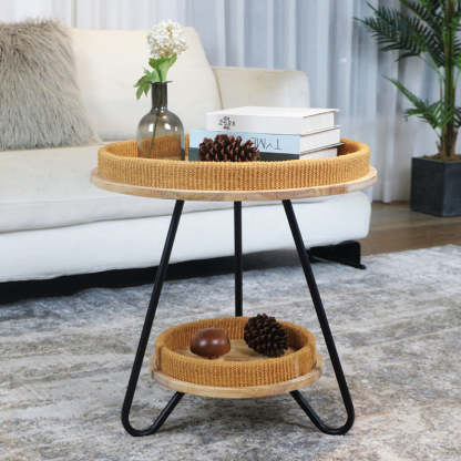Nordic Iron Rattan Wood 2-Tier Round Coffee Table