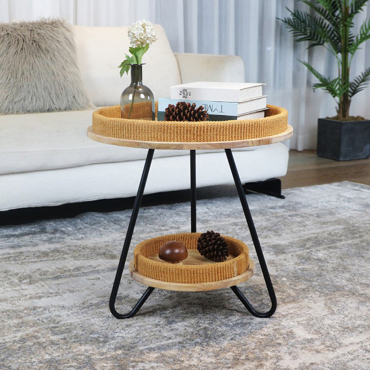 Nordic Iron Rattan Wood 2-Tier Round Coffee Table
