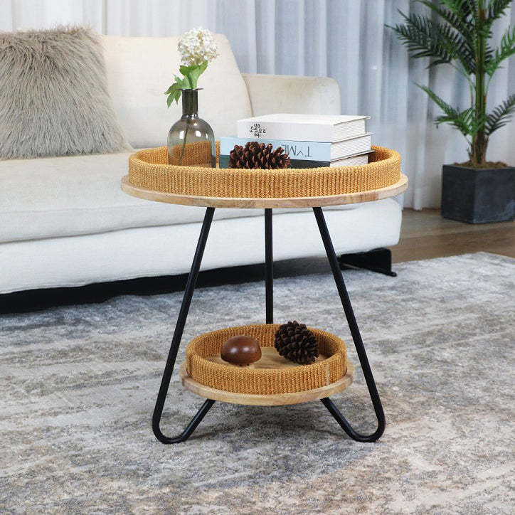 Nordic Iron Rattan Wood 2-Tier Round Coffee Table