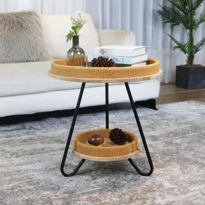 Nordic Iron Rattan Wood 2-Tier Round Coffee Table