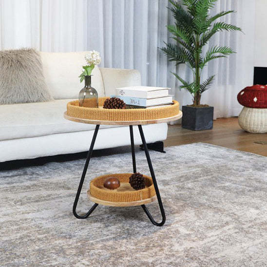 Nordic Iron Rattan Wood 2-Tier Round Coffee Table