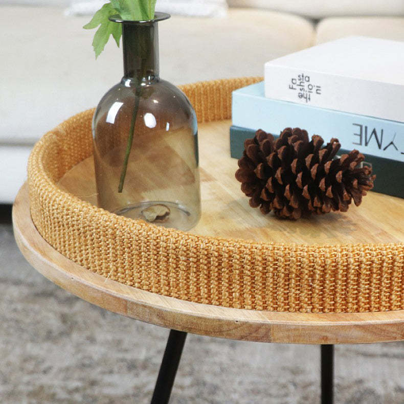 Nordic Iron Rattan Wood 2-Tier Round Coffee Table