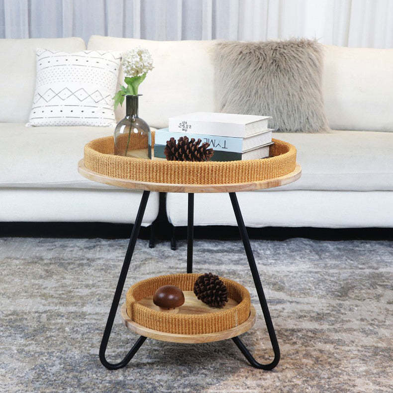 Nordic Iron Rattan Wood 2-Tier Round Coffee Table