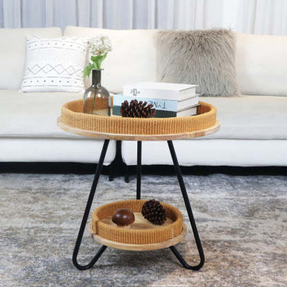 Nordic Iron Rattan Wood 2-Tier Round Coffee Table