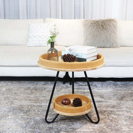 Nordic Iron Rattan Wood 2-Tier Round Coffee Table