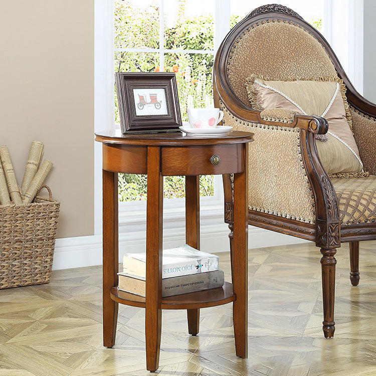 Chinese Wood Round 1-Drawer 2-Tier End Table — Cherry Wood Color