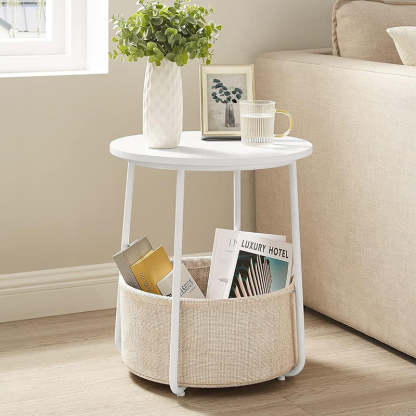 Minimalist Iron Wood Fabric Round Storage End Table — White