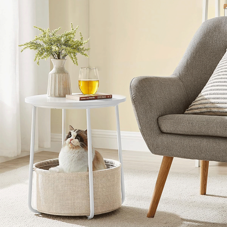 Wood iron fabric wood round storage end & side tables - minimalist
