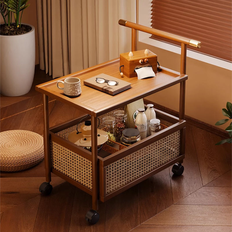 Mid-Century Bamboo Rattan End Table 1-Storage — Walnut