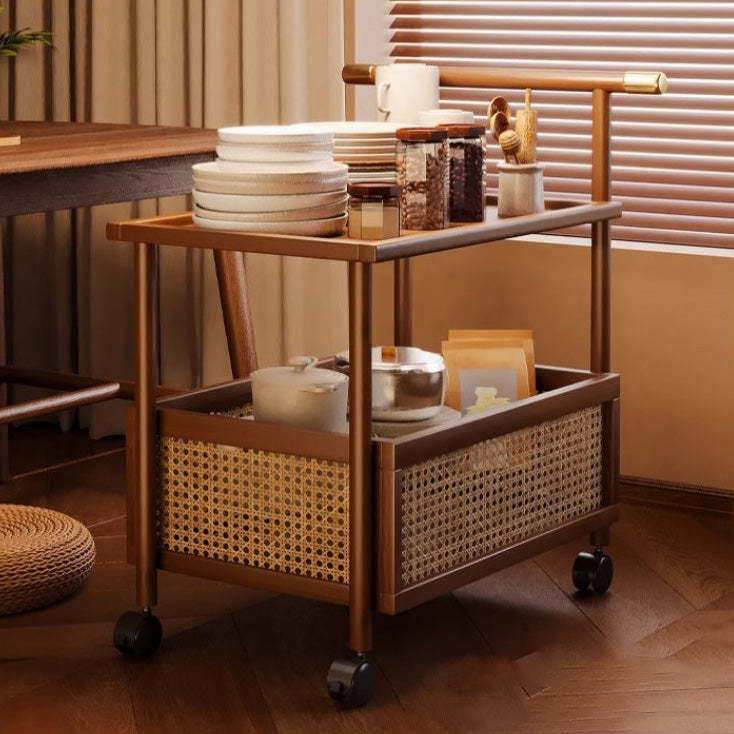 Mid-Century Bamboo Rattan End Table 1-Storage — Walnut