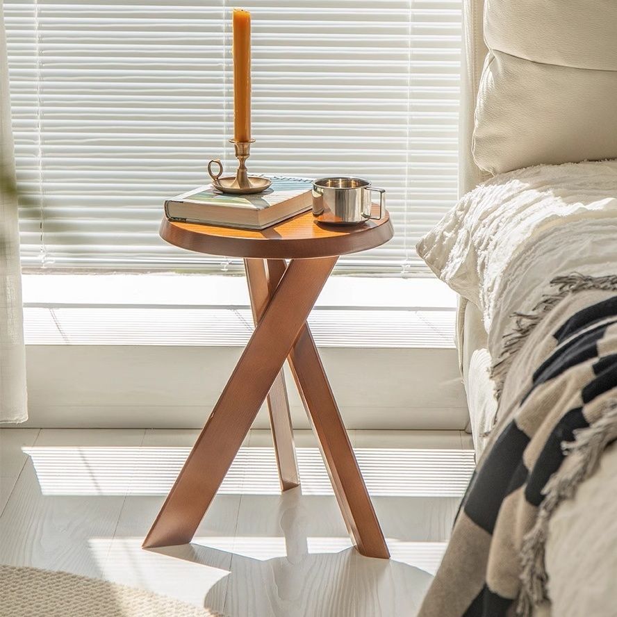 Mid-Century Wood X-Base Round End Table — Black