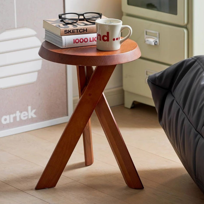 Mid-Century Wood X-Base Round End Table