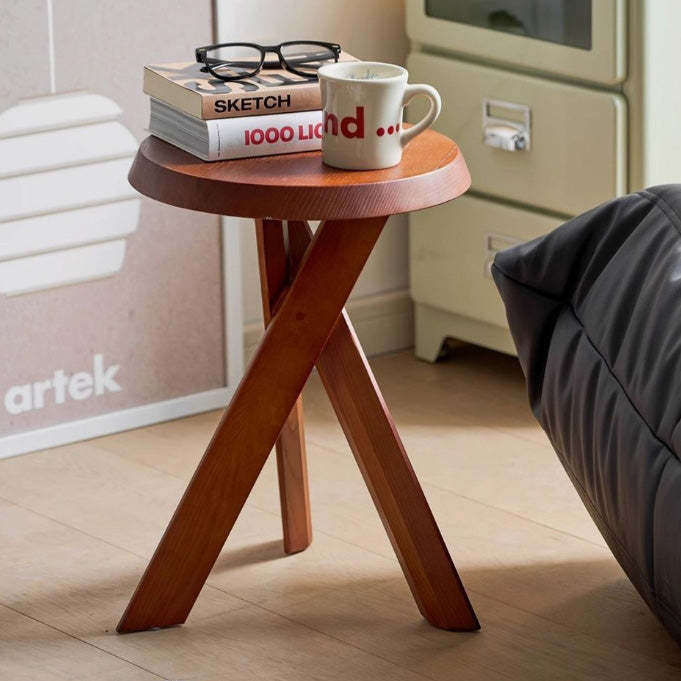 Mid-Century Wood X-Base Round End Table