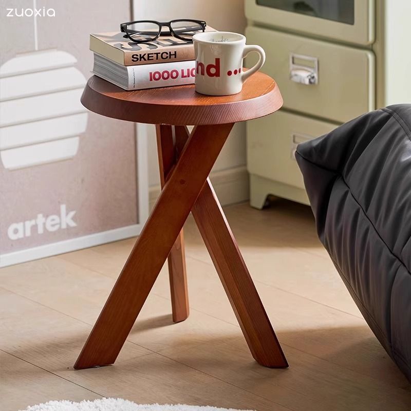 Mid-Century Wood X-Base Round End Table