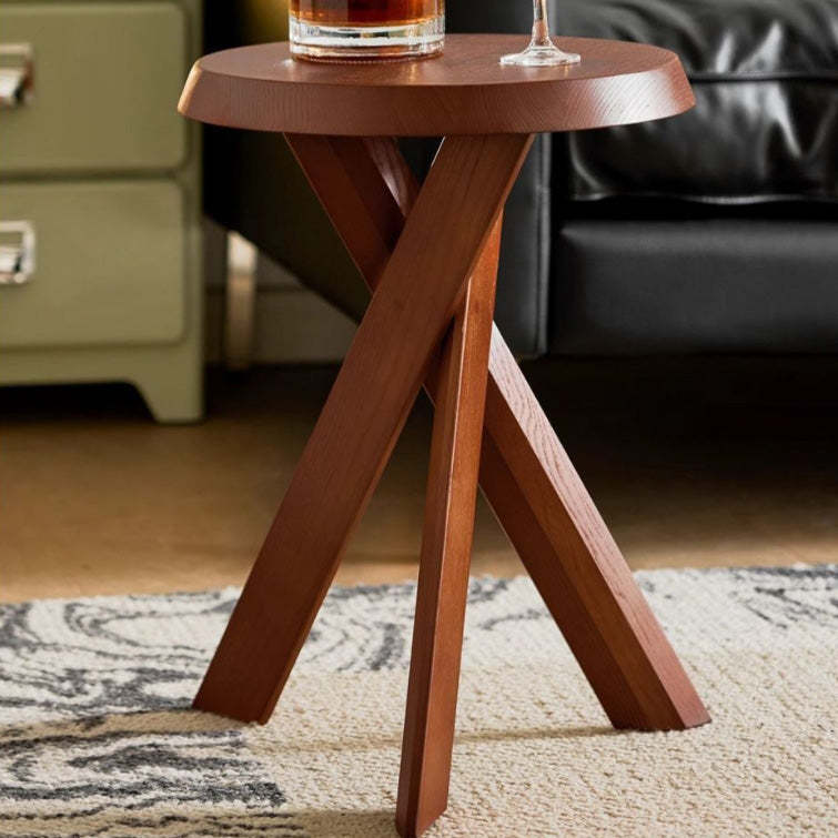 Mid-Century Wood X-Base Round End Table