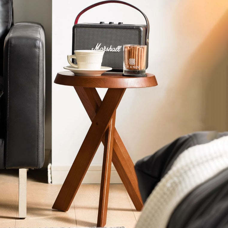 Mid-Century Wood X-Base Round End Table