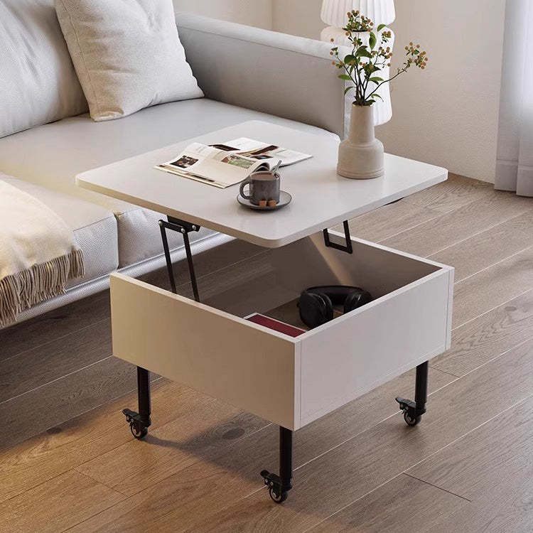 Minimalist Solid Wood Sintered Stone Lift-Top Coffee Table — White