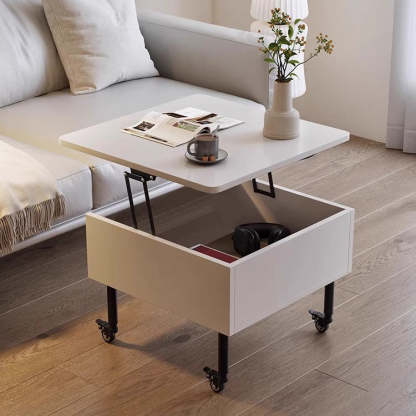 Minimalist Solid Wood Sintered Stone Lift-Top Coffee Table — White