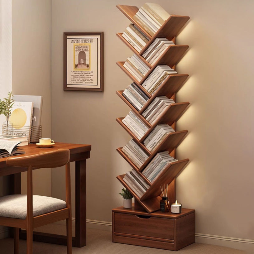 Wood Tree-Shaped Bookshelf With Drawer — Walnut / 5