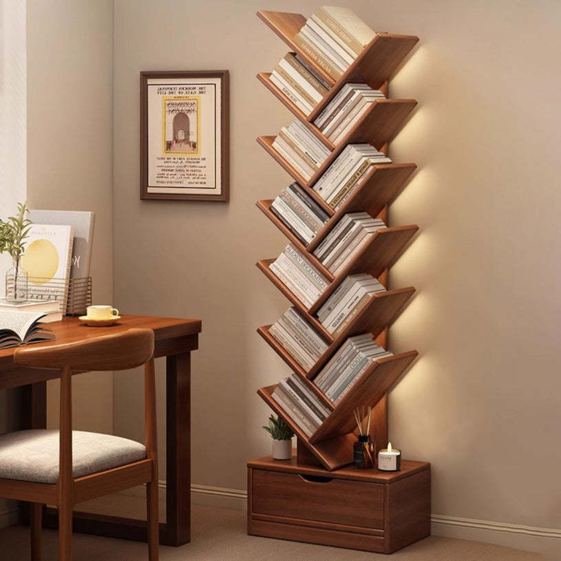 Wood Tree-Shaped Bookshelf With Drawer — Walnut / 5