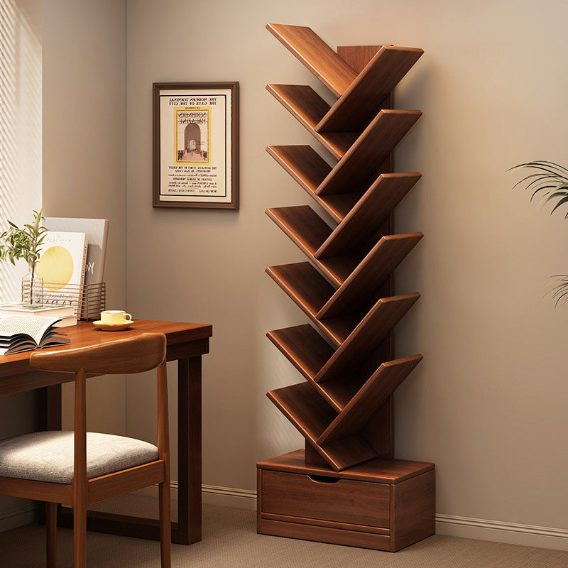 Wood Tree-Shaped Bookshelf With Drawer — Walnut / 4