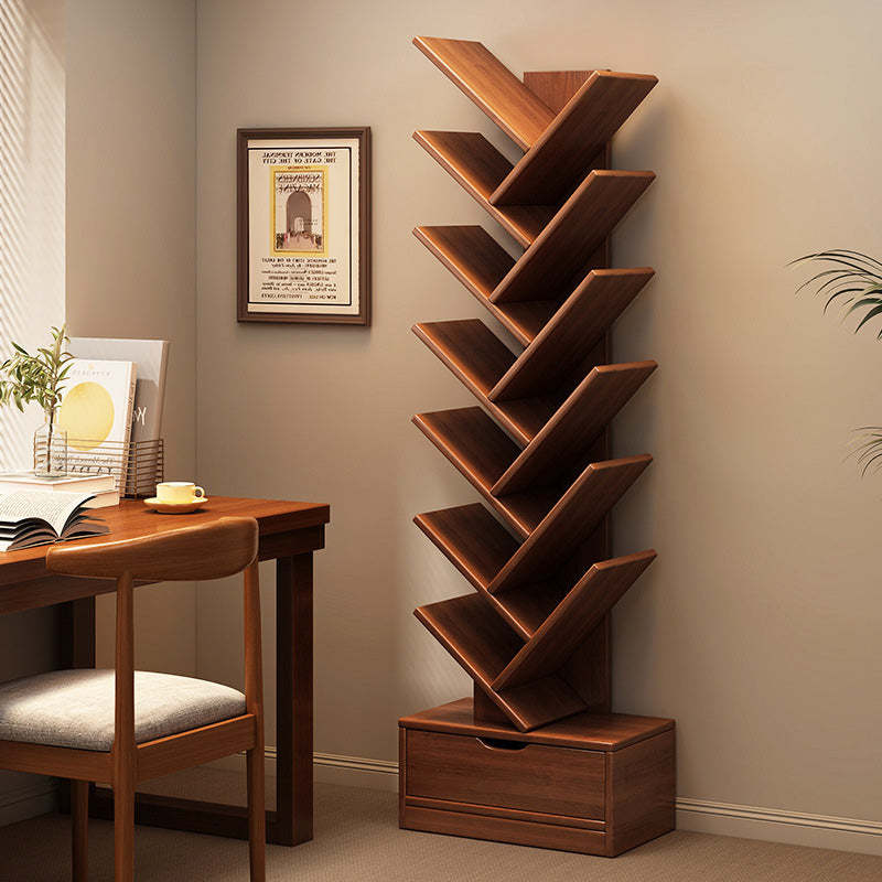 Wood Tree-Shaped Bookshelf With Drawer — Walnut / 4