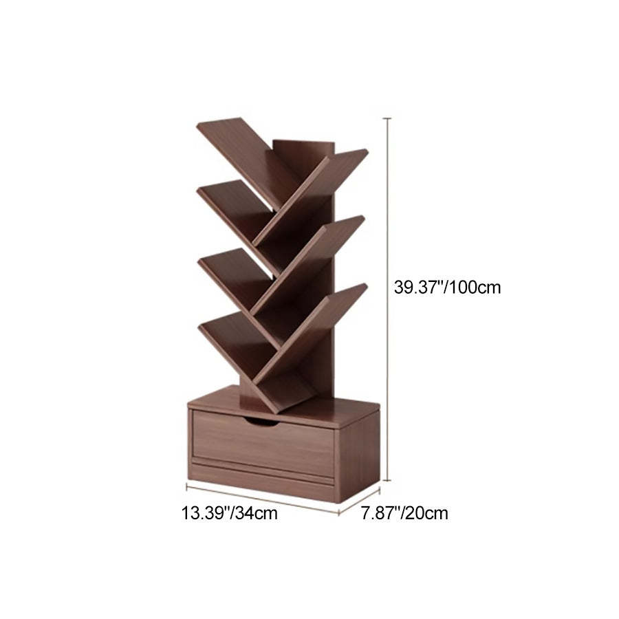 Wood Tree-Shaped Bookshelf With Drawer — Walnut / 6