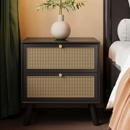 Chinese Rubberwood Nightstand 2-Drawer — Wood Color