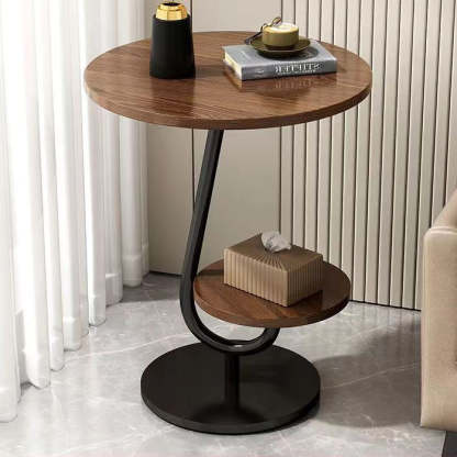 Minimalist Iron Round 2-Tier Coffee Table — Walnut + Black Frame