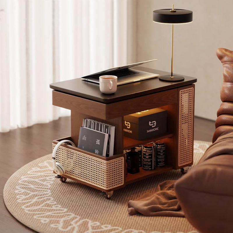Mid-Century Rubber Wood Metal 3-Tier End Table with Wheels