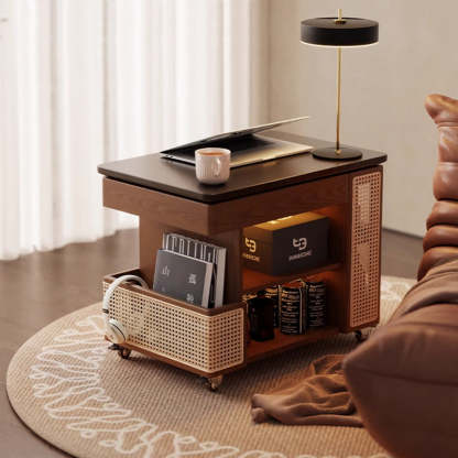 Mid-Century Rubber Wood Metal 3-Tier End Table with Wheels — White
