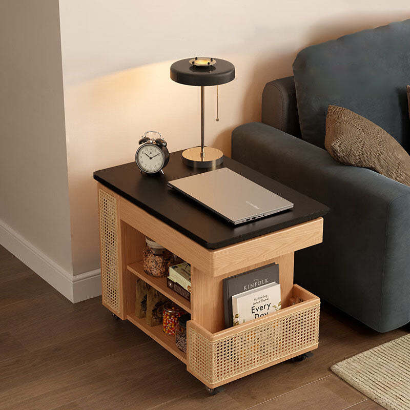 Mid-Century Rubber Wood Metal 3-Tier End Table with Wheels