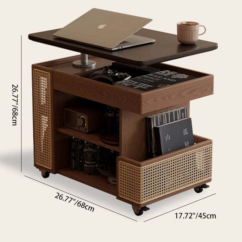 Mid-Century Rubber Wood Metal 3-Tier End Table with Wheels — Wood Color