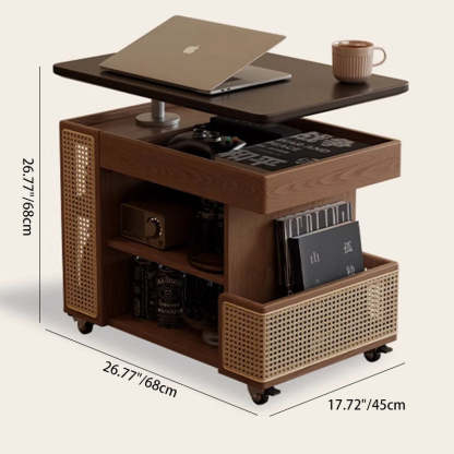 Mid-Century Rubber Wood Metal 3-Tier End Table with Wheels — Wood Color