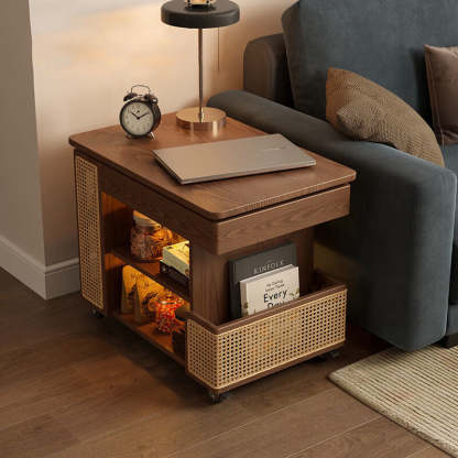 Mid-Century Rubber Wood Metal 3-Tier End Table with Wheels