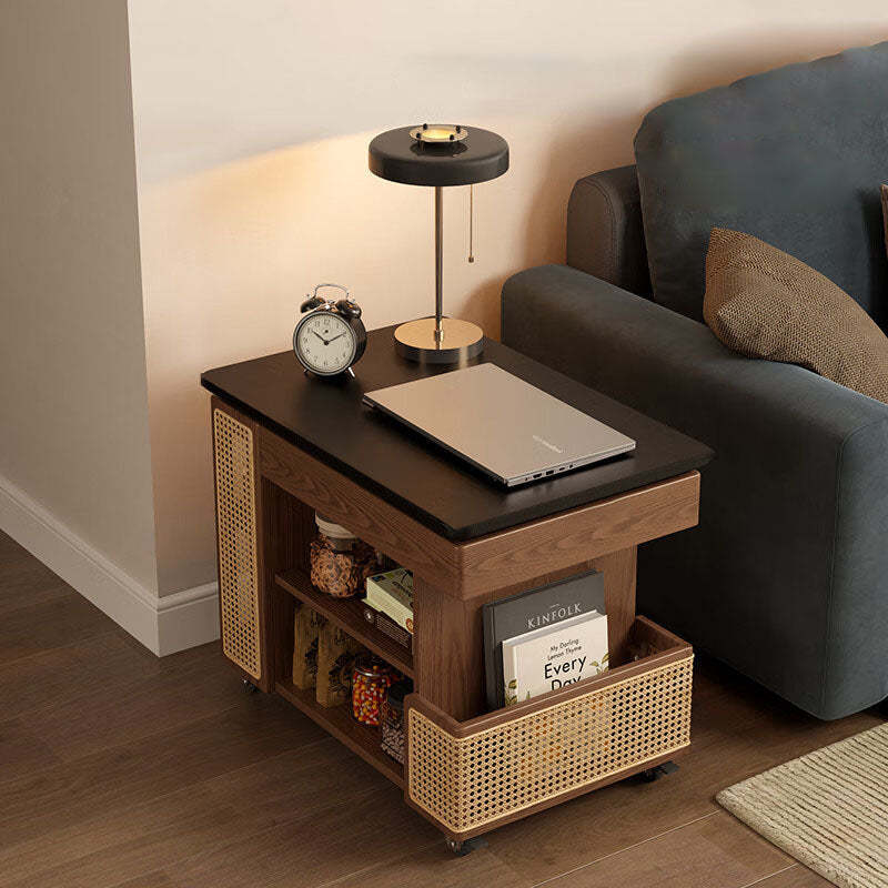 Mid-Century Rubber Wood Metal 3-Tier End Table with Wheels