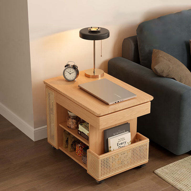 Mid-Century Rubber Wood Metal 3-Tier End Table with Wheels
