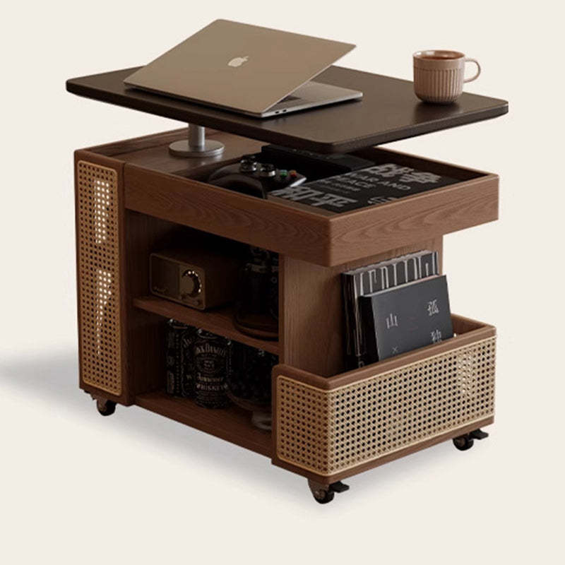 Mid-Century Rubber Wood Metal 3-Tier End Table with Wheels — Wood Color + Black Tabletop