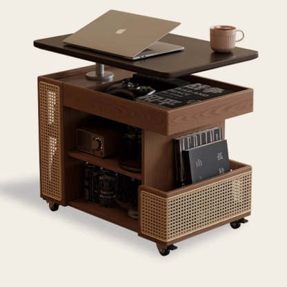 Mid-Century Rubber Wood Metal 3-Tier End Table with Wheels — Wood Color + Black Tabletop