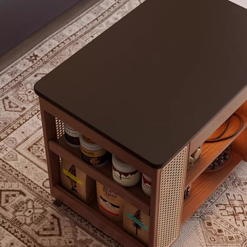 Mid-Century Rubber Wood Metal 3-Tier End Table with Wheels