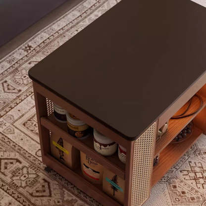 Mid-Century Rubber Wood Metal 3-Tier End Table with Wheels