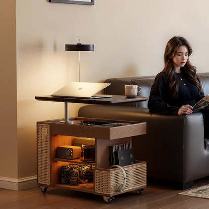 Mid-Century Rubber Wood Metal 3-Tier End Table with Wheels