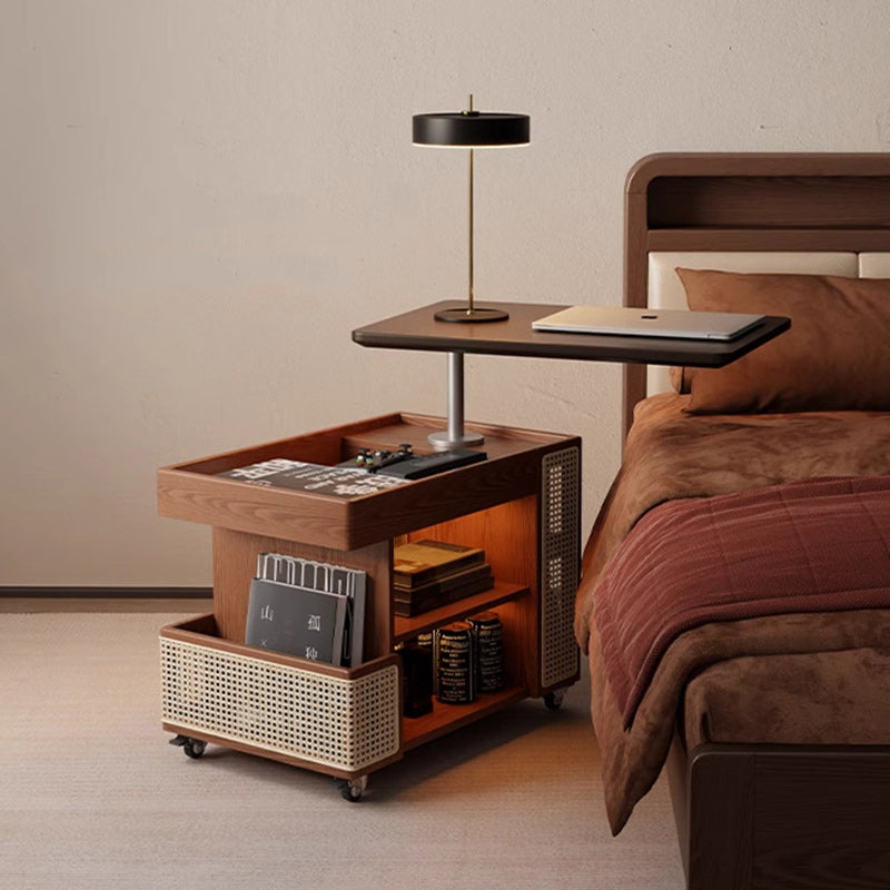 Mid-Century Rubber Wood Metal 3-Tier End Table with Wheels