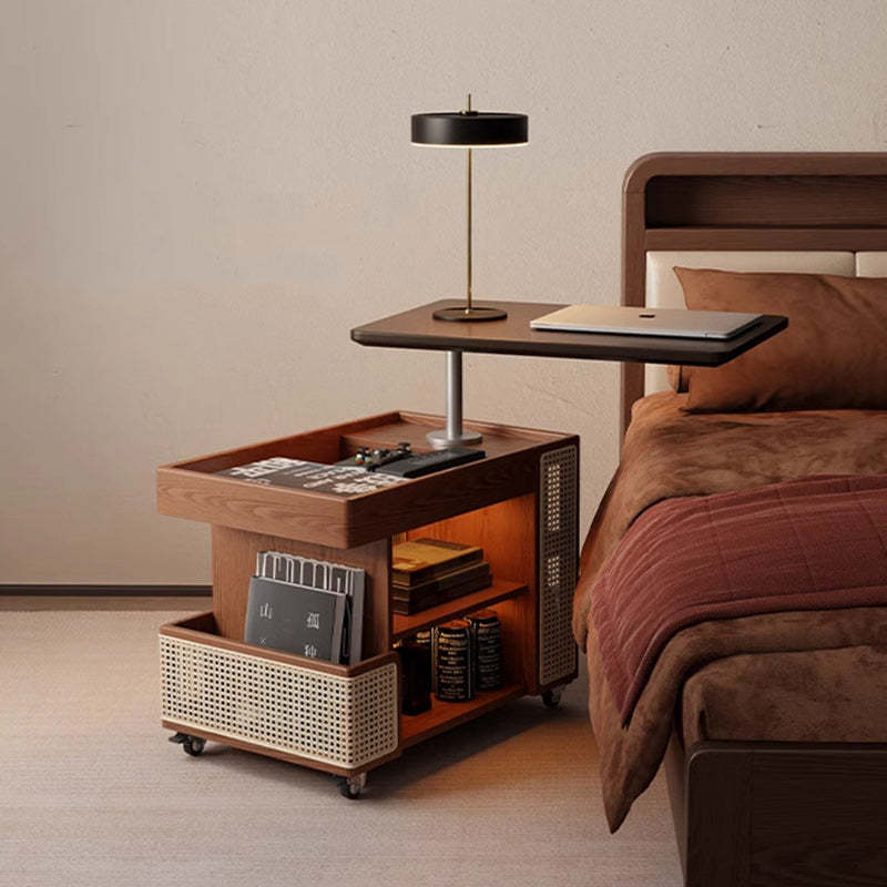 Mid-Century Rubber Wood Metal 3-Tier End Table with Wheels