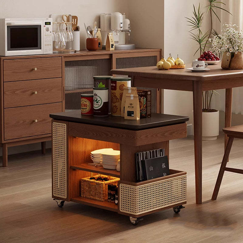 Mid-Century Rubber Wood Metal 3-Tier End Table with Wheels — Walnut + Black Tabletop