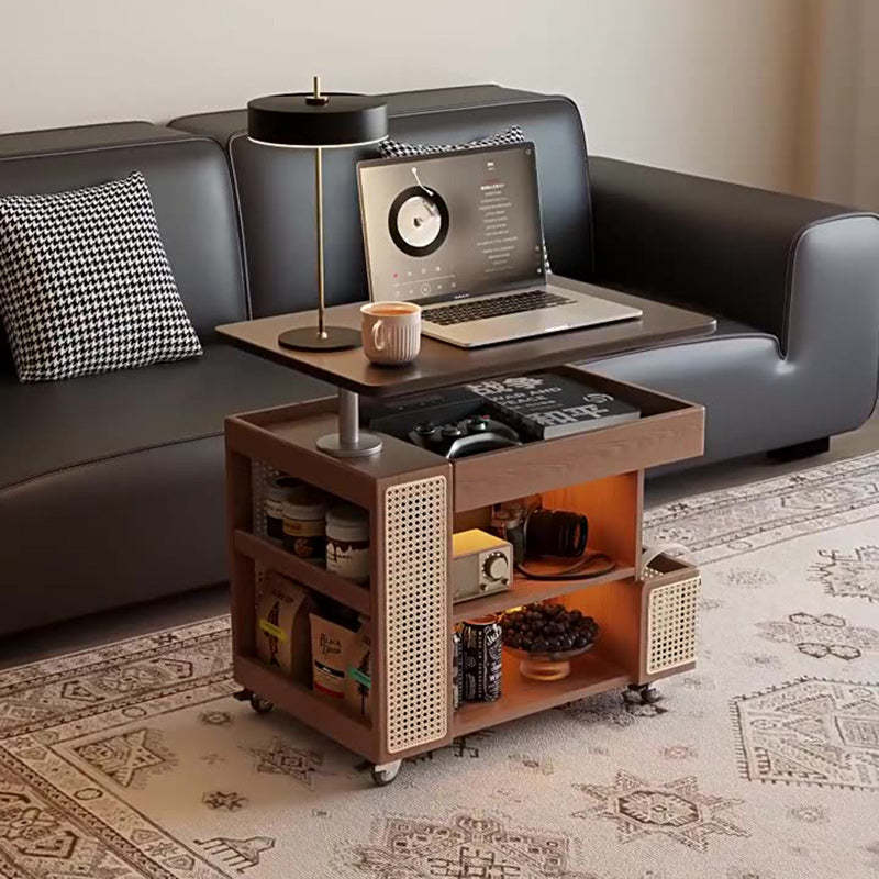 Mid-Century Rubber Wood Metal 3-Tier End Table with Wheels — Walnut