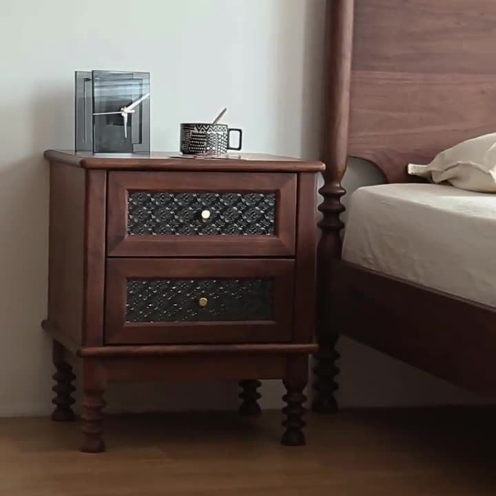 Retro Wood Glass Metal Nightstand 2-Drawer