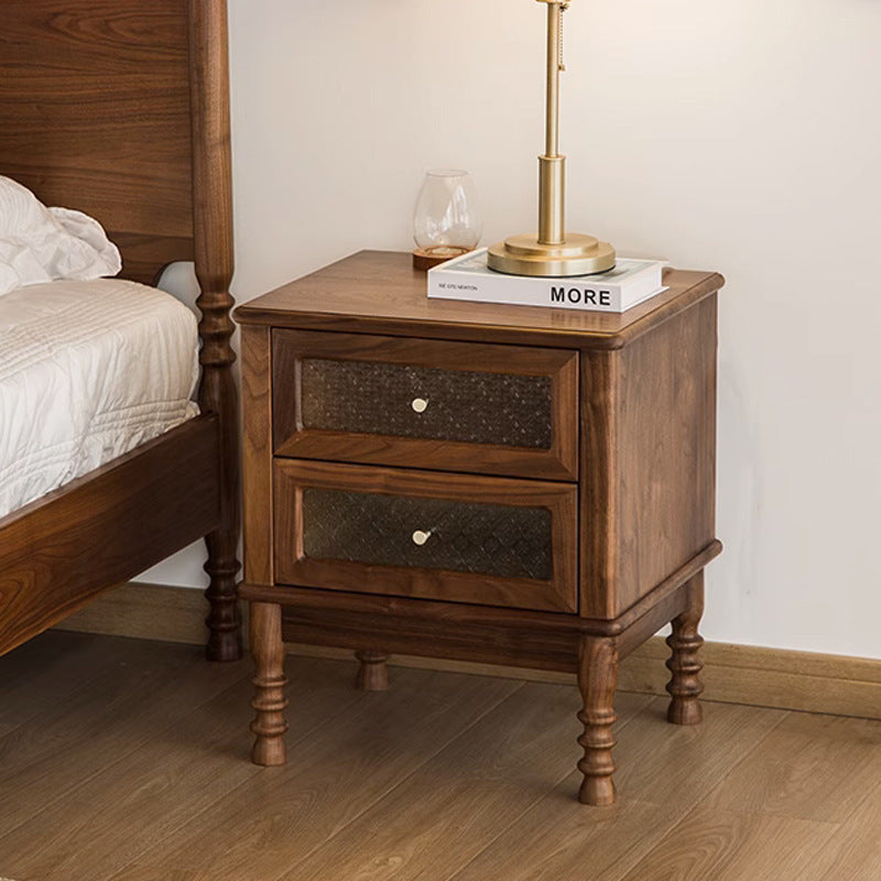 Retro Wood Glass Metal Nightstand 2-Drawer