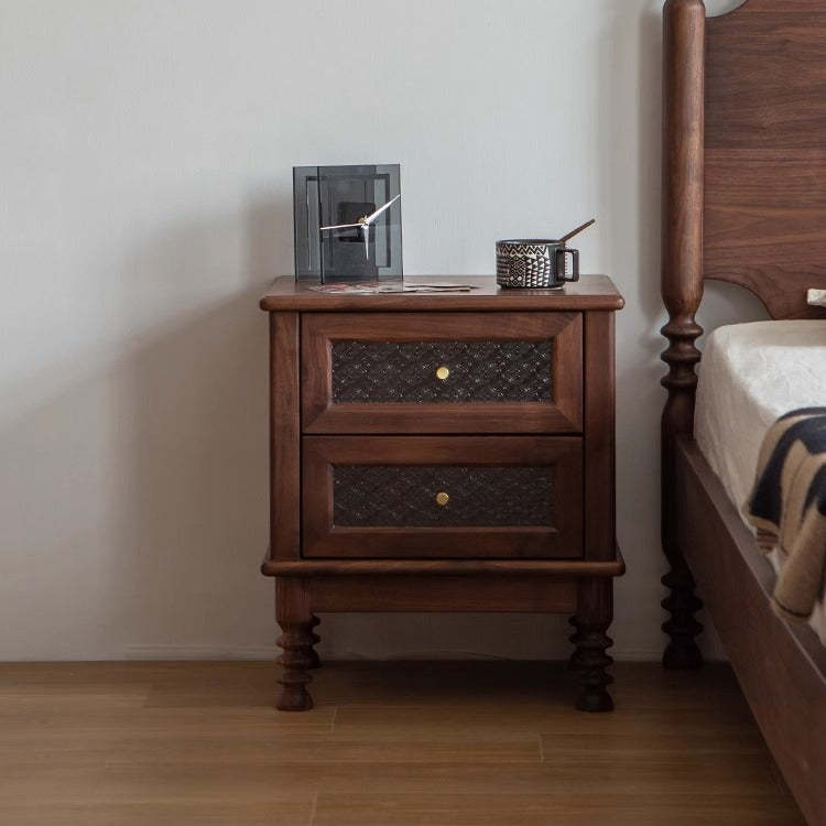 Retro Wood Glass Metal Nightstand 2-Drawer