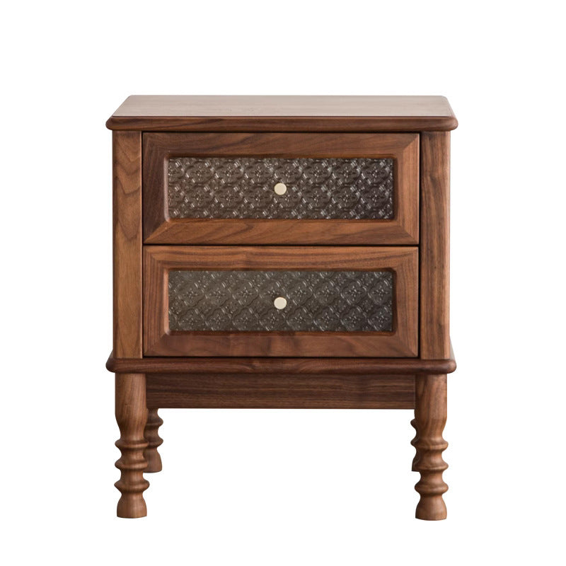 Retro Wood Glass Metal Nightstand 2-Drawer